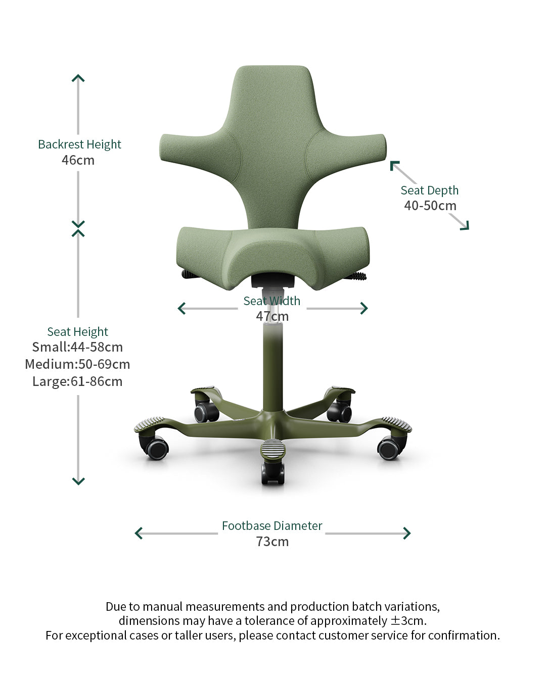 Green office chair with dimensions labeled on a white background